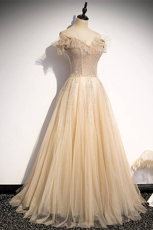 Off the Shoulder Champagne Long Party HZ0307