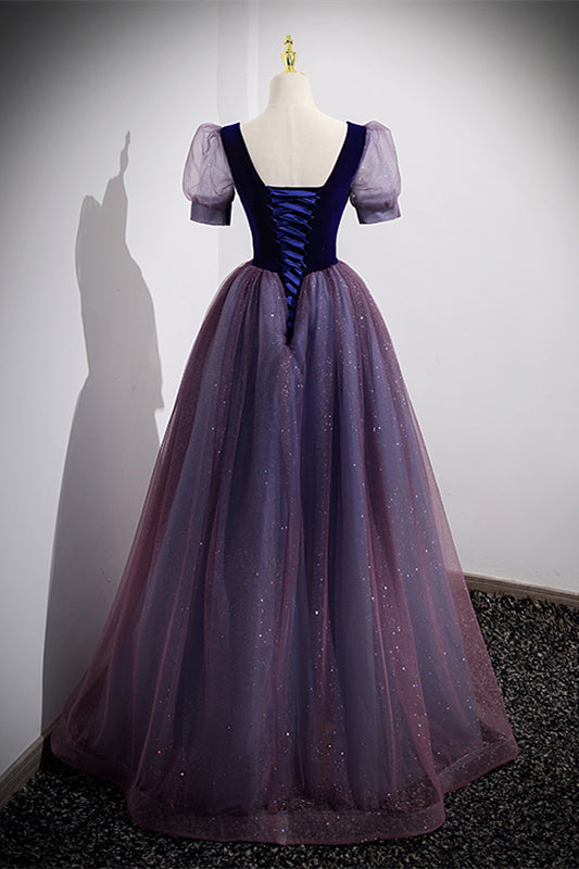 Short Sleeves Purple and Navy Long Formal HZ0307