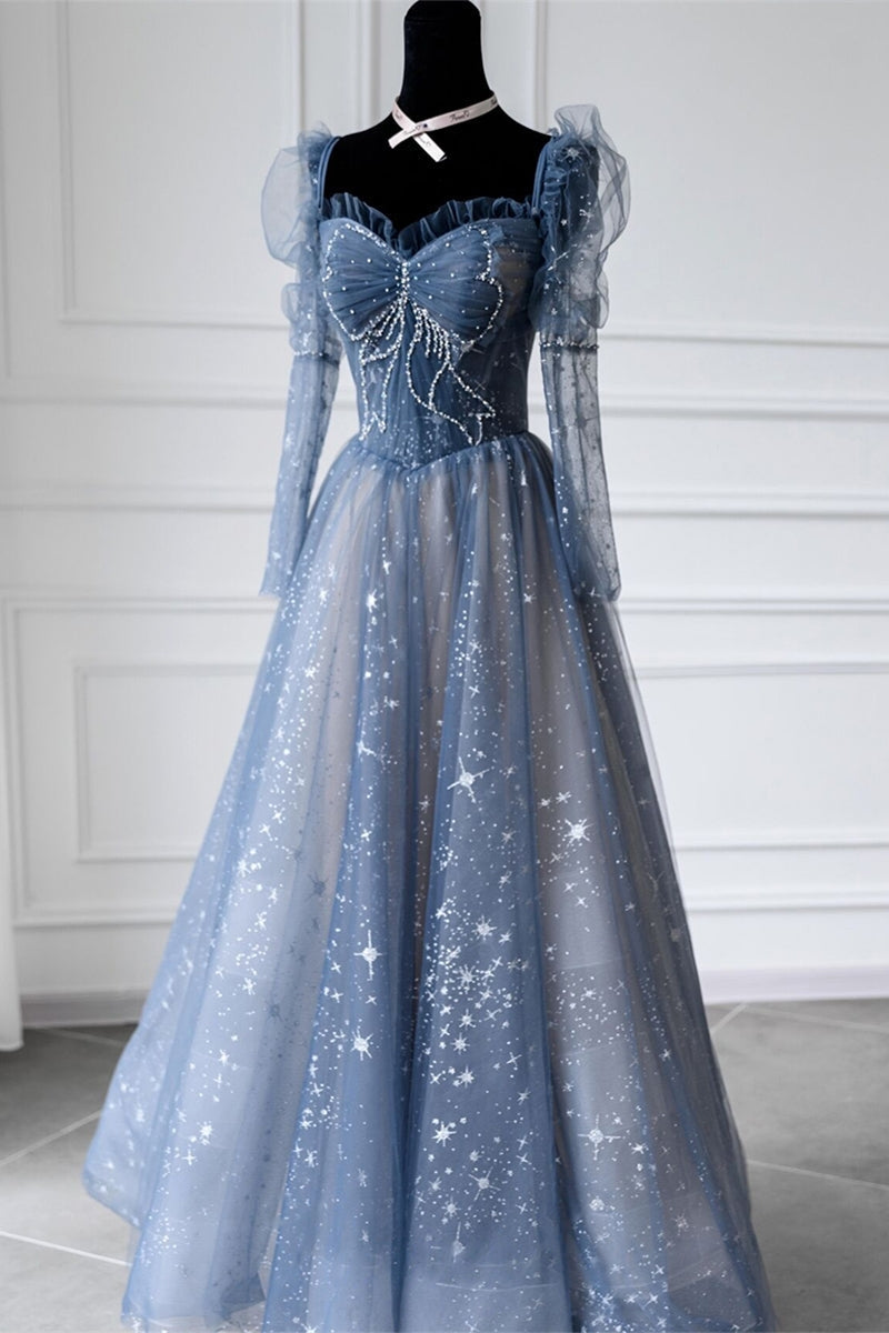 Long Sleeves Blue Beaded Tulle Long Prom HZ0307