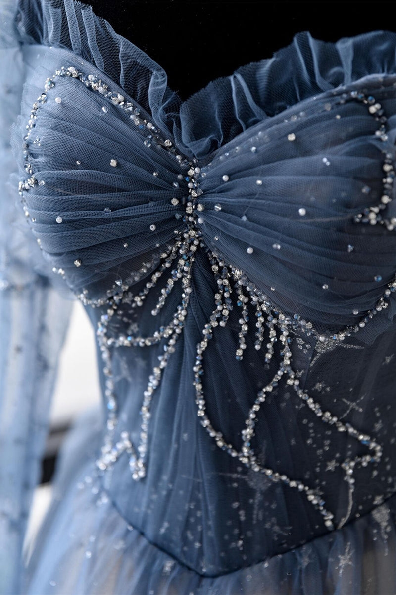 Long Sleeves Blue Beaded Tulle Long Prom HZ0307