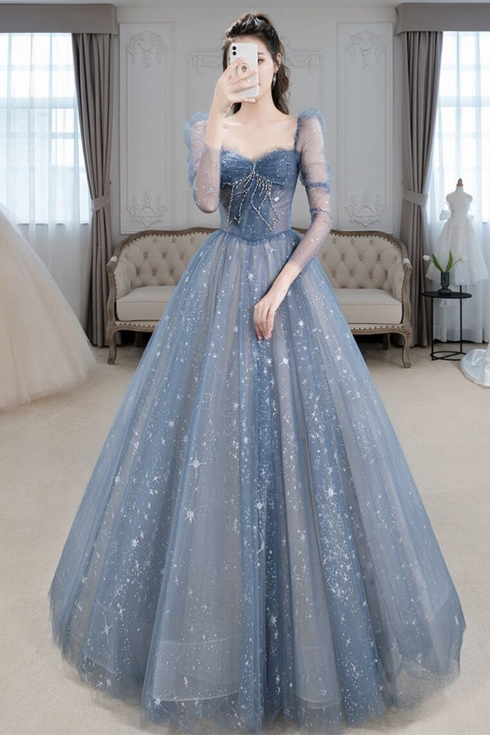 Long Sleeves Blue Beaded Tulle Long Prom HZ0307