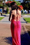 Spaghetti Straps Neon Pink Sequin Mermaid Formal HZ0307