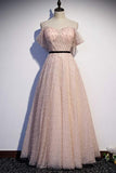 Off the Shoulder Pink Pearls Long Prom HZ0307