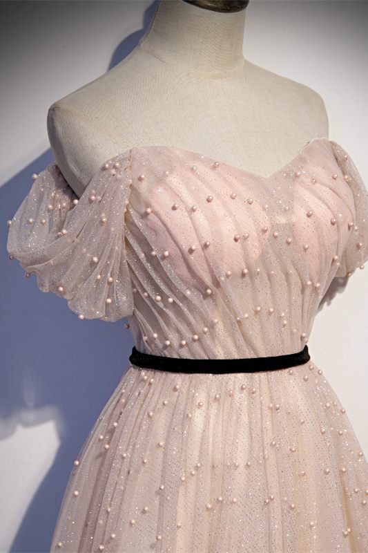 Off the Shoulder Pink Pearls Long Prom HZ0307