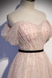 Off the Shoulder Pink Pearls Long Prom HZ0307