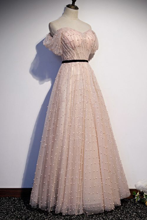Off the Shoulder Pink Pearls Long Prom HZ0307