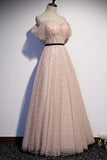 Off the Shoulder Pink Pearls Long Prom HZ0307