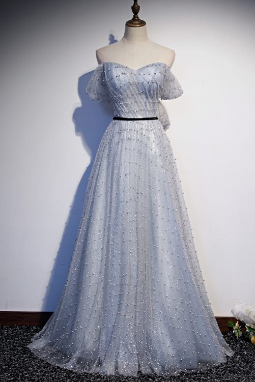 Off the Shoulder Pink Pearls Long Prom HZ0307