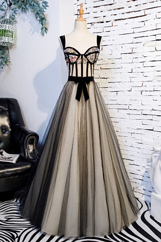 A-line Black Floral Long Formal HZ0307