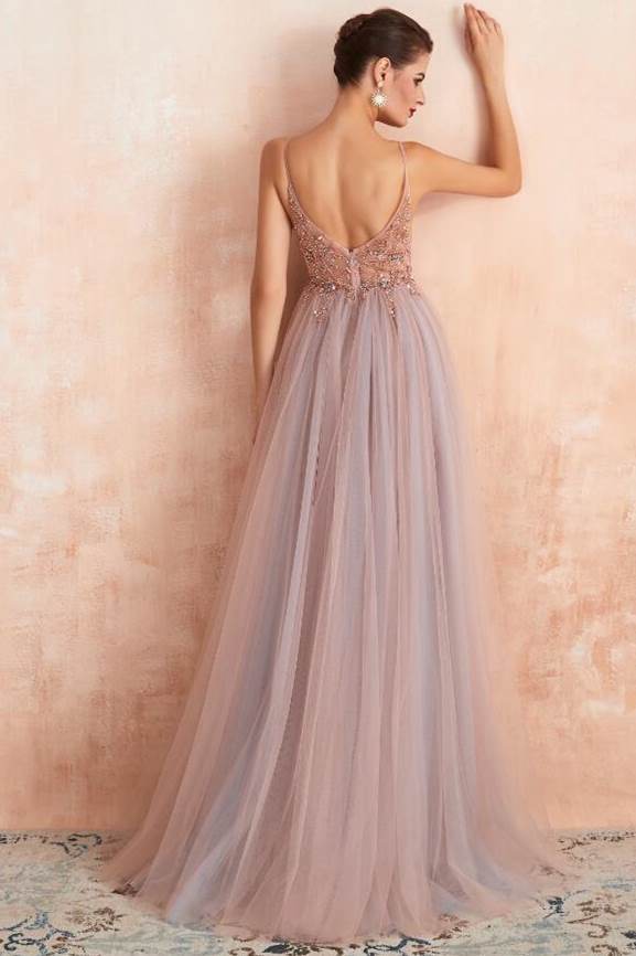 Misty Blue A-line Beaded Long Formal Dress with Side HZ0307