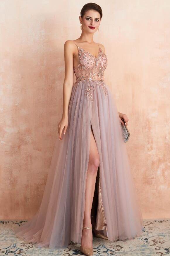 Misty Blue A-line Beaded Long Formal Dress with Side HZ0307