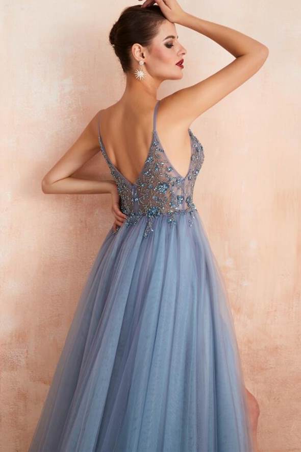 Misty Blue A-line Beaded Long Formal Dress with Side HZ0307