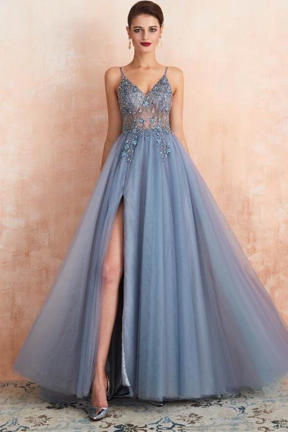 Misty Blue A-line Beaded Long Formal Dress with Side HZ0307
