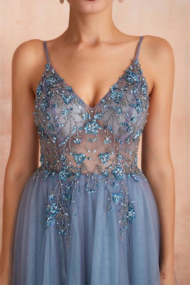 Misty Blue A-line Beaded Long Formal Dress with Side HZ0307