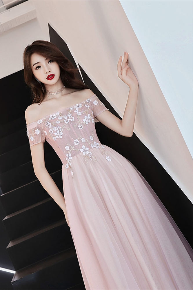 Off the Shoulder Pink Long Prom Dress with HZ0307