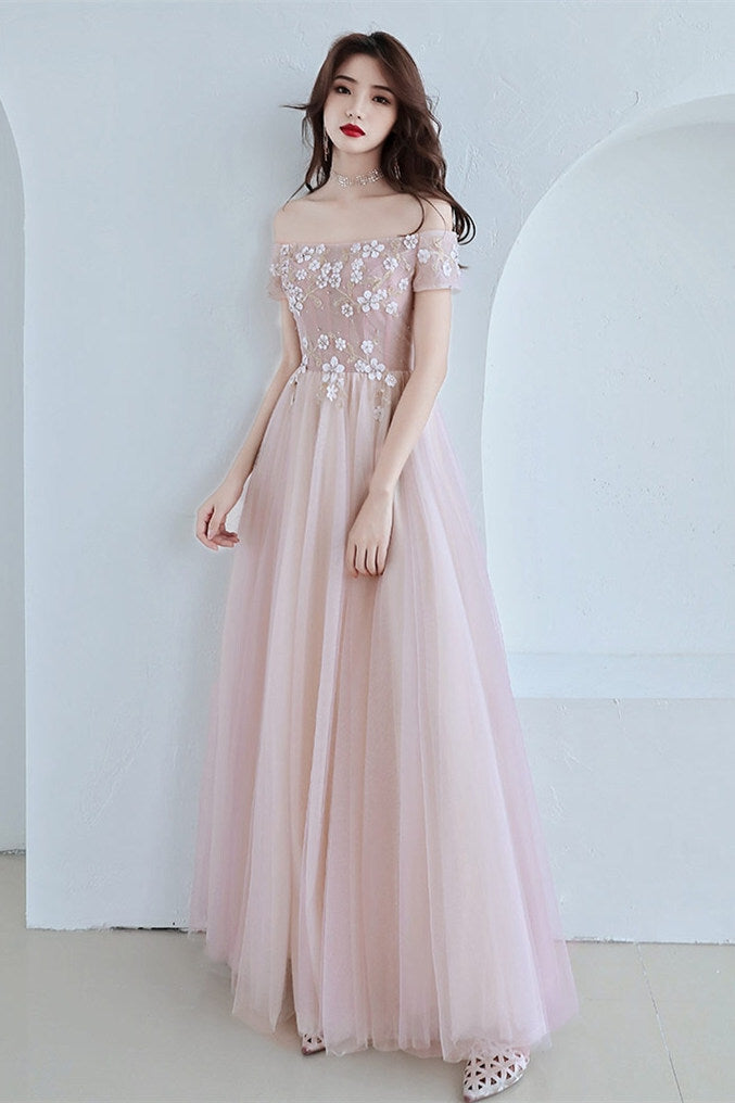 Off the Shoulder Pink Long Prom Dress with HZ0307