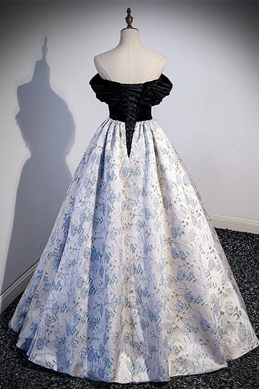 Off the Shoulder Black and Floral Long Formal HZ0307