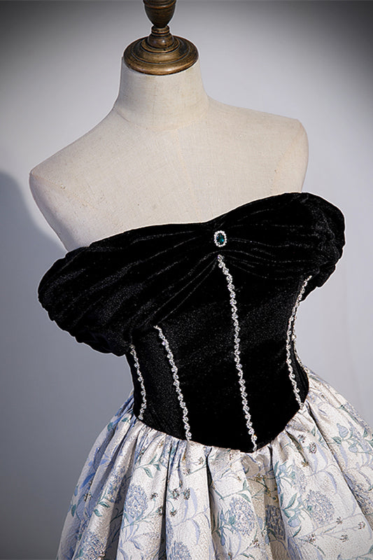 Off the Shoulder Black and Floral Long Formal HZ0307