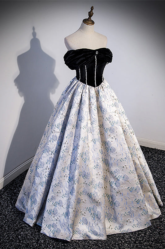 Off the Shoulder Black and Floral Long Formal HZ0307