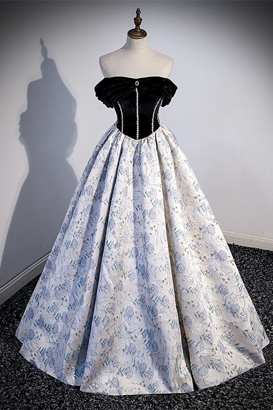 Off the Shoulder Black and Floral Long Formal HZ0307