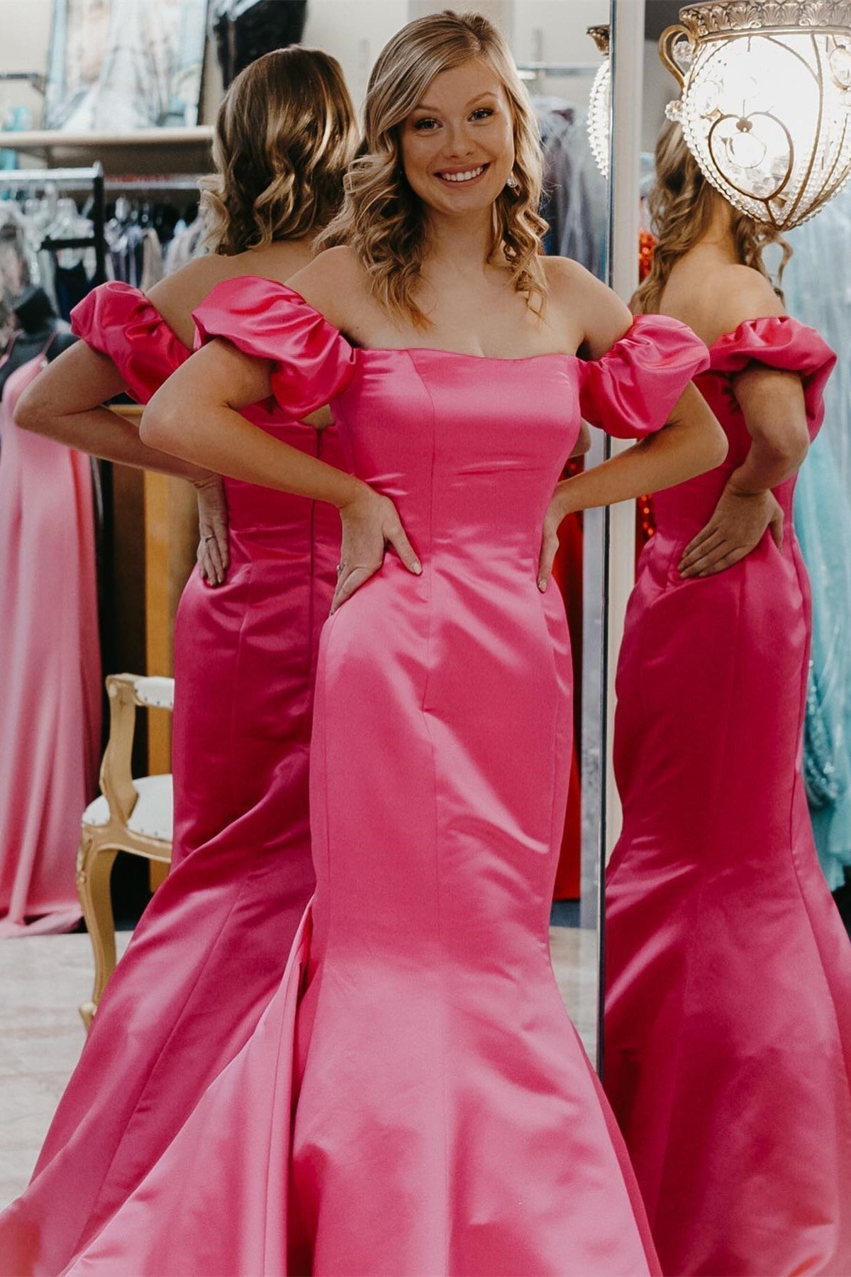 Elegant Hot Pink Mermaid Off the Shoulder Long Formal HZ0307