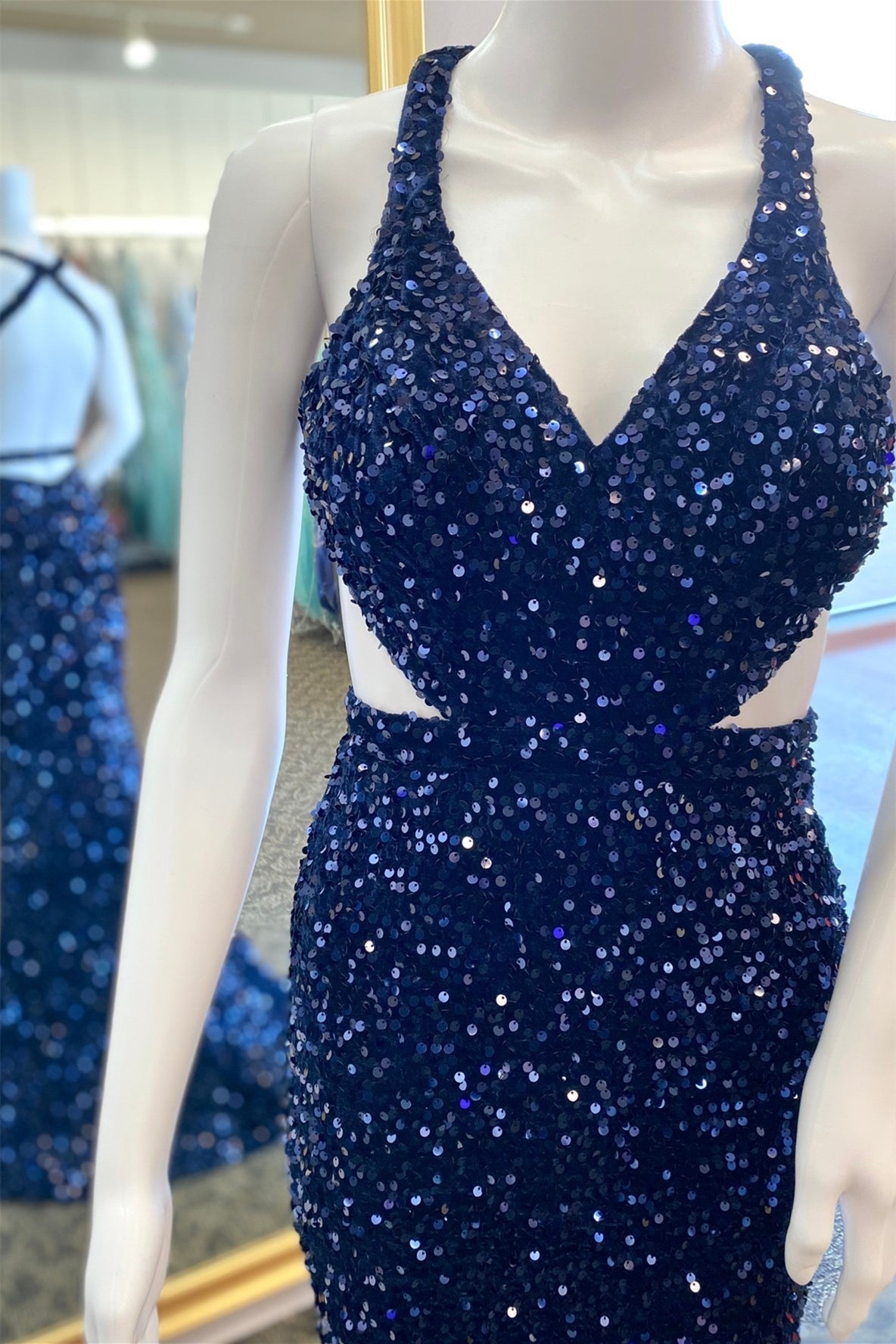 Halter Navy Blue Sequin V Neck Mermaid Long Formal HZ0307