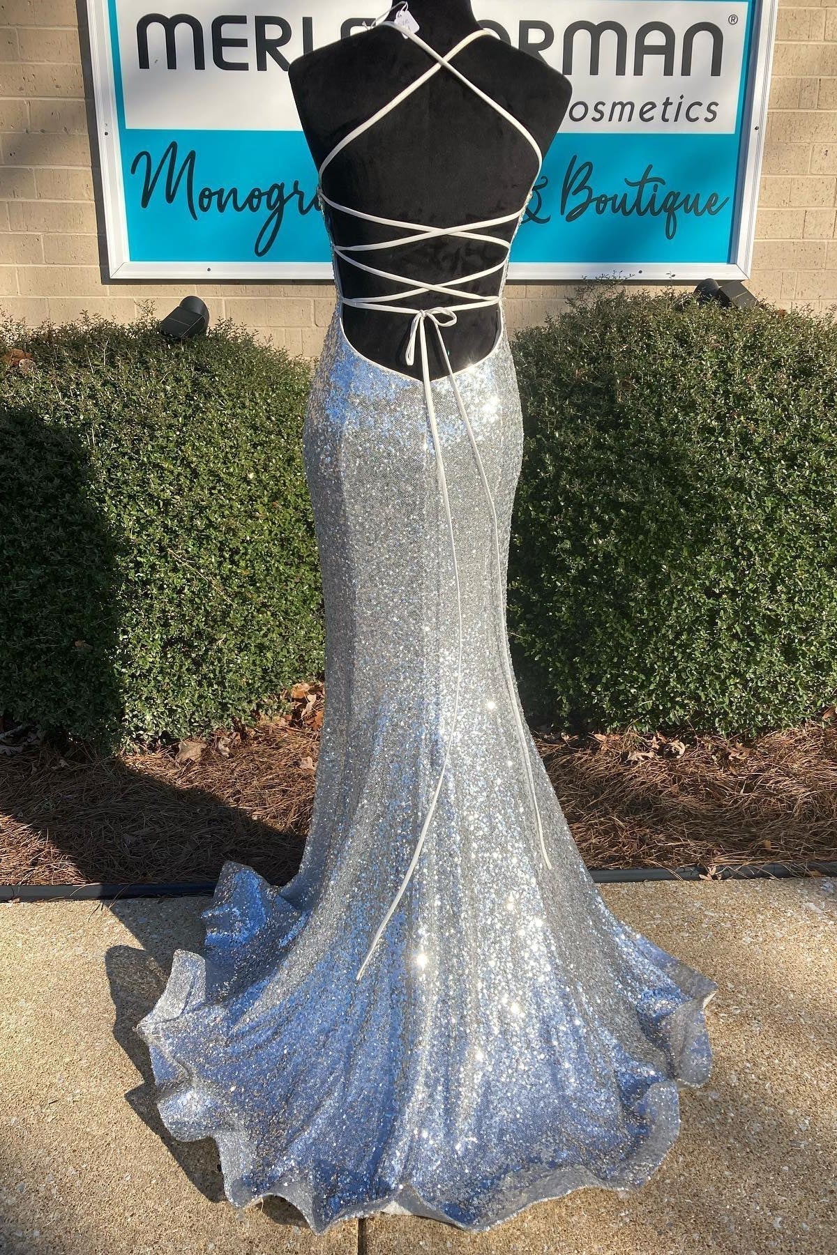 Shiny Silver Sequin V Neck Mermaid Long Prom HZ0307