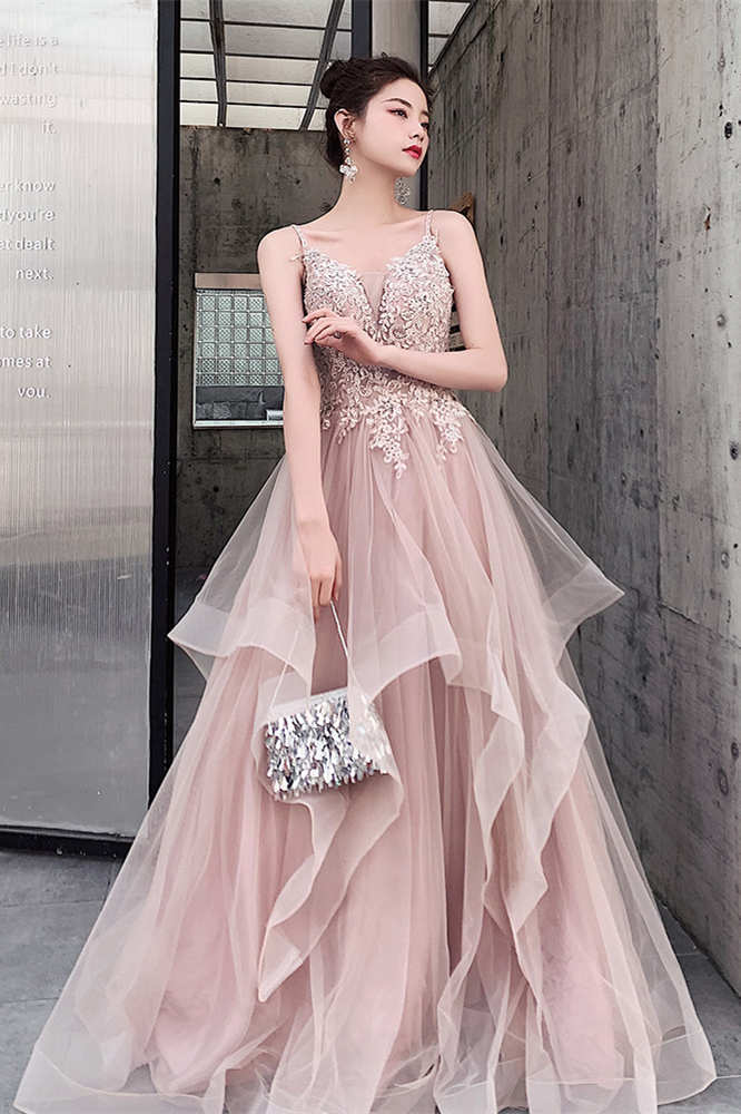 Light Champagne Lace Appliques Tulle Long Party HZ0307