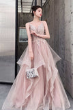 Light Champagne Lace Appliques Tulle Long Party HZ0307