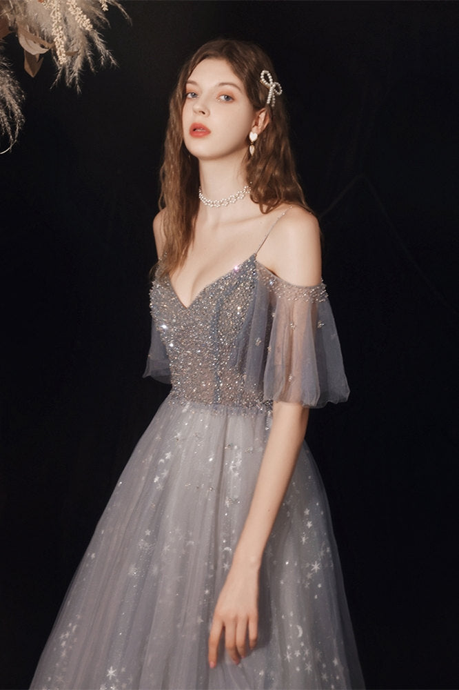 Stunning A-line Grey Tulle Long Formal HZ0307