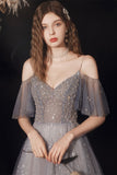 Stunning A-line Grey Tulle Long Formal HZ0307