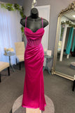 Elegant Beaded Fuchsia Satin Mermaid Long Formal HZ0307