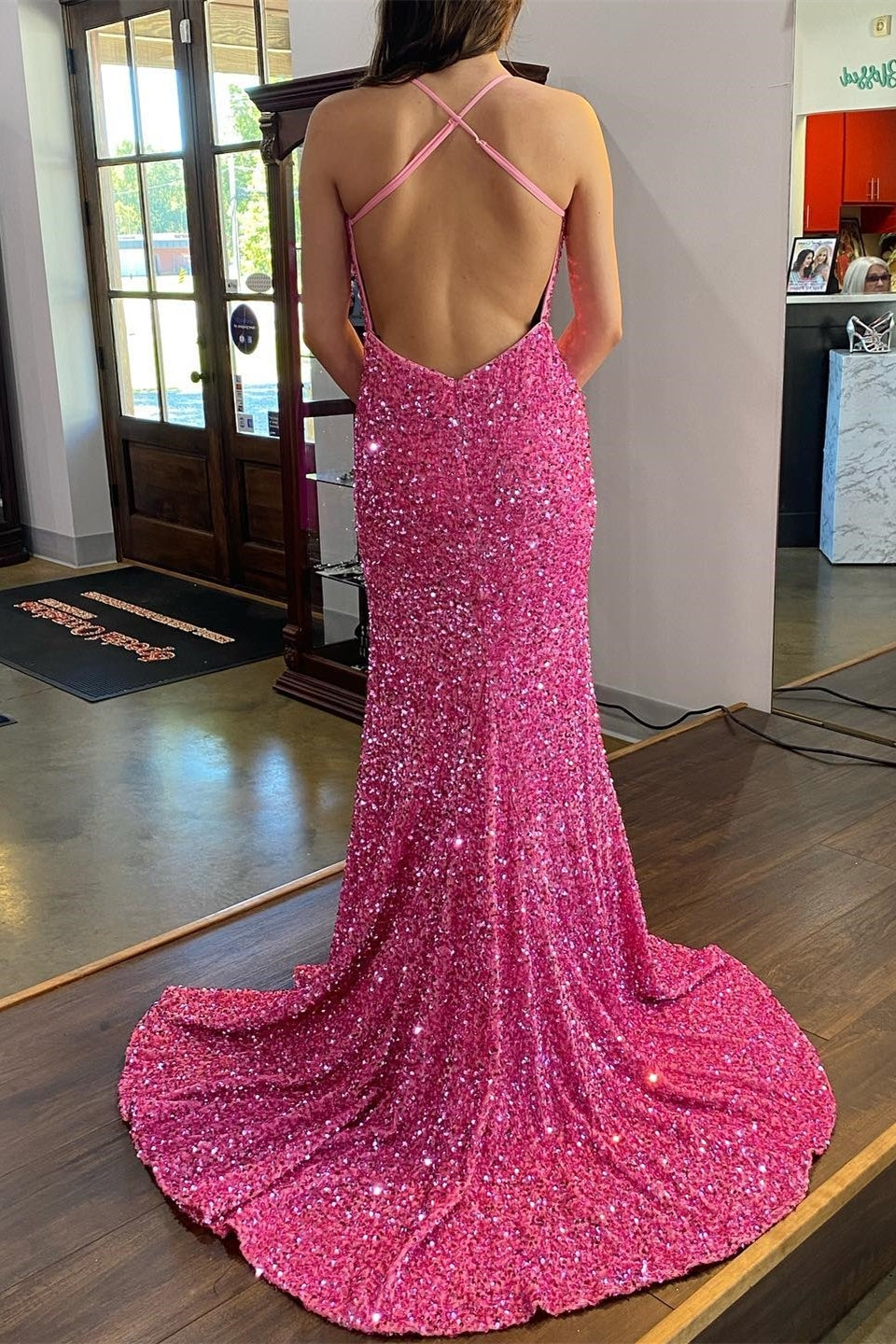 Straps Pink Sequin V Neck Mermaid Long Formal HZ0307