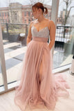Beaded Straps Rose Tulle A-line Long Prom HZ0307