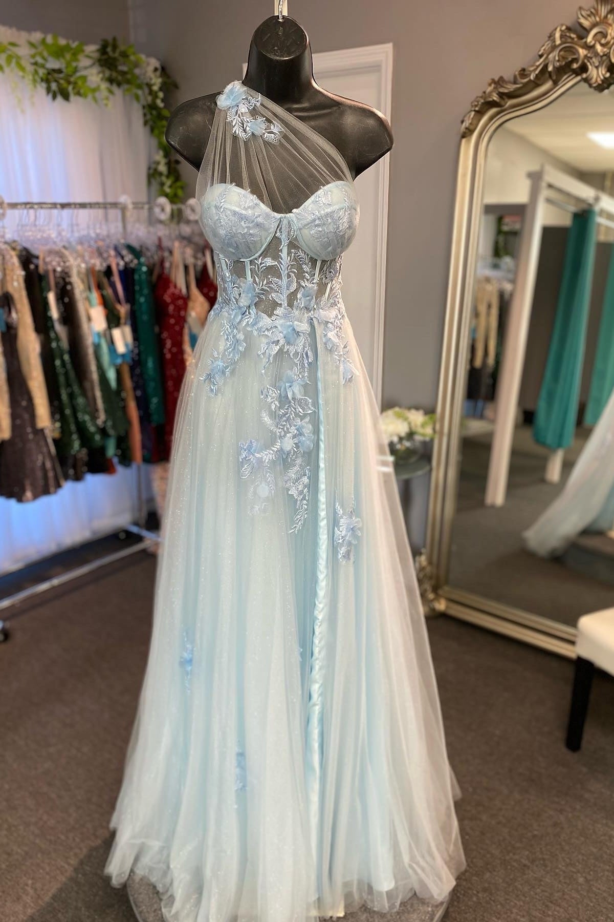 One Shoulder Blue Floral Lace Long Prom HZ0307
