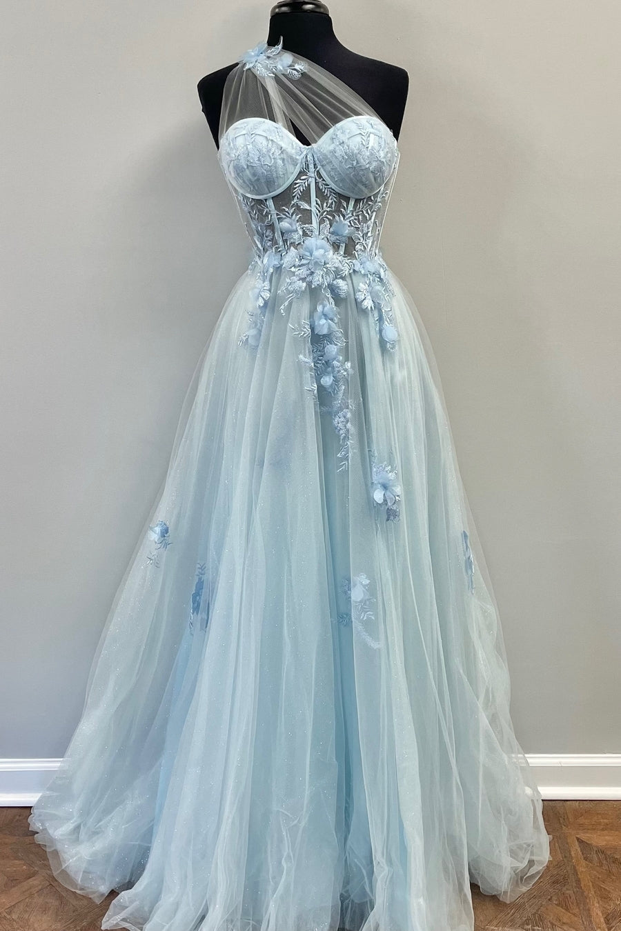 One Shoulder Blue Floral Lace Long Prom HZ0307