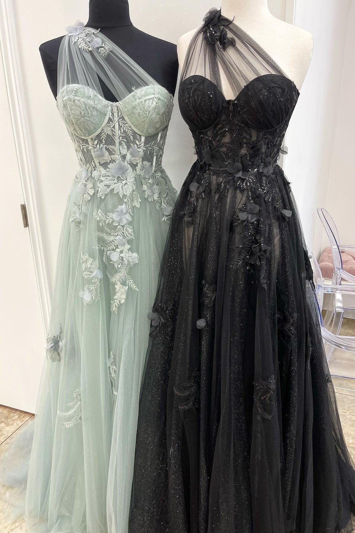 One Shoulder Blue Floral Lace Long Prom HZ0307