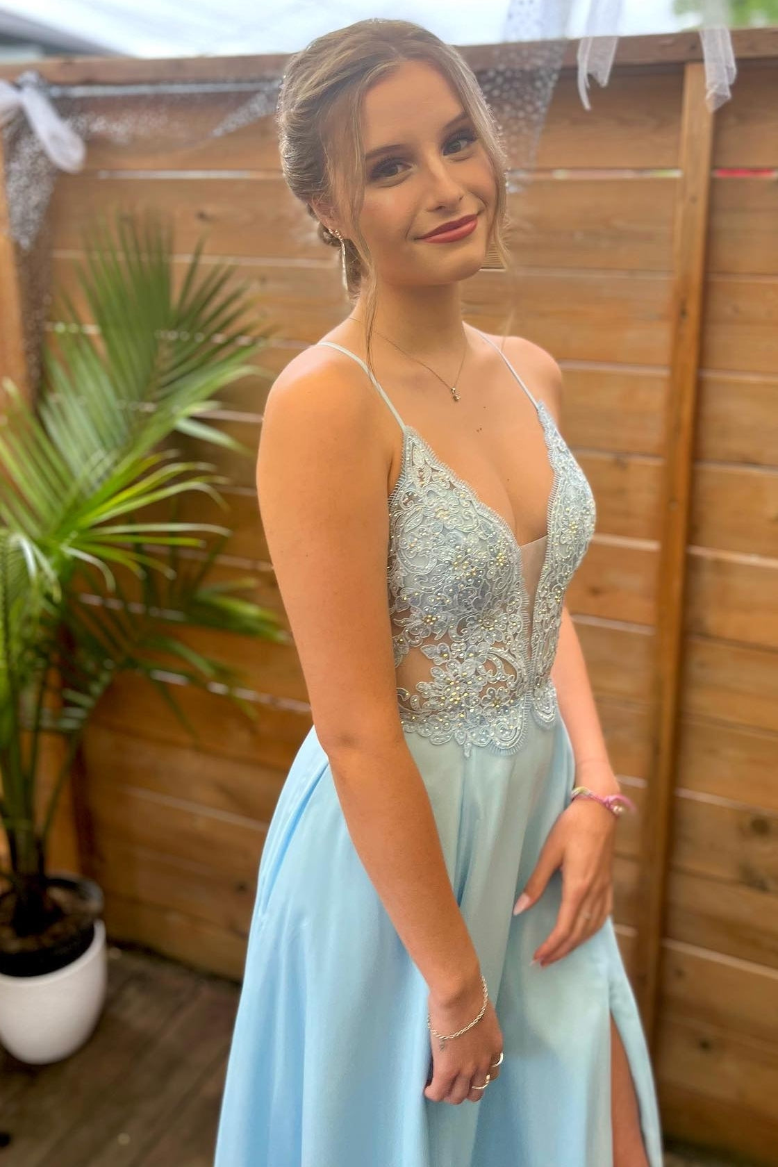 Princess Blue A-line Lace and Chiffon Long Prom HZ0307