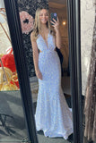 Plunge Neck Blue Sequin Mermaid Long Prom HZ0307