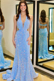 Plunge Neck Blue Sequin Mermaid Long Prom HZ0307