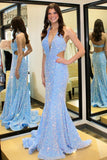 Plunge Neck Blue Sequin Mermaid Long Prom HZ0307