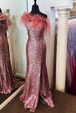 Fur One Shoulder Rose Gold Sequin Long Formal HZ0307