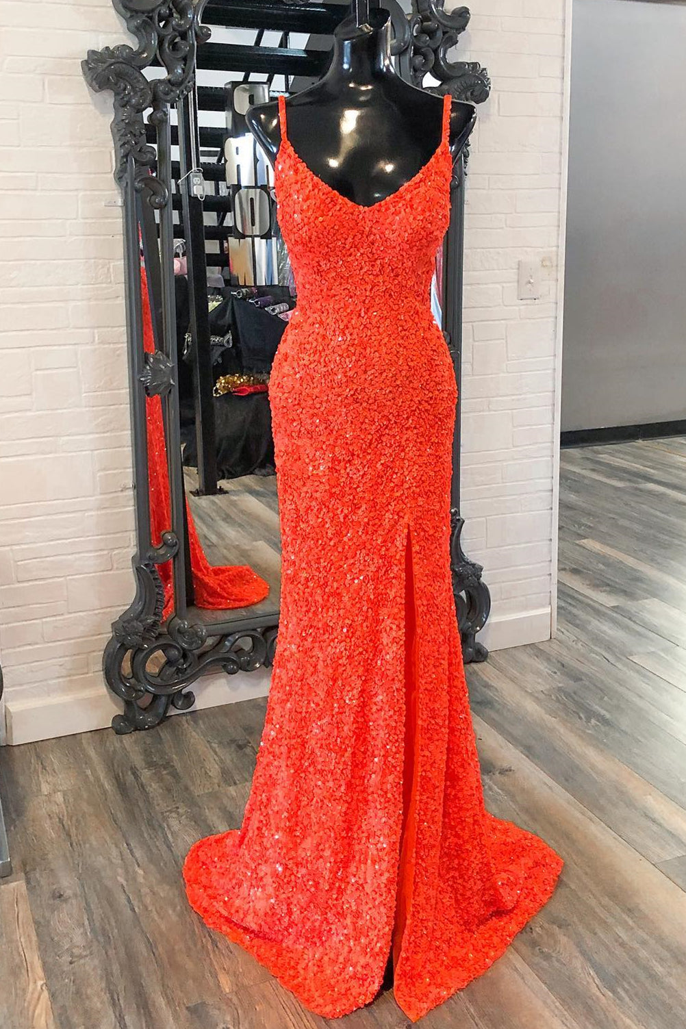 Simply Elegant Orange Sequin Mermaid Straps Long Formal HZ0307