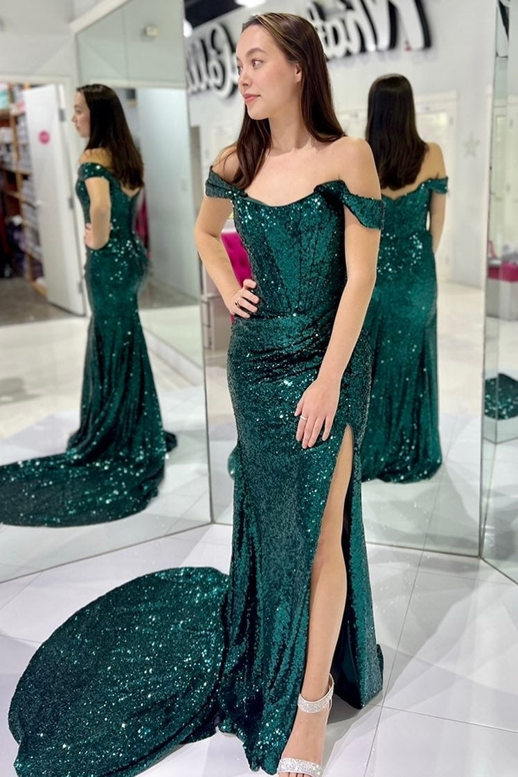 Off the Shoulder Fuchsia Sequin Mermaid Long Dress with HZ0307