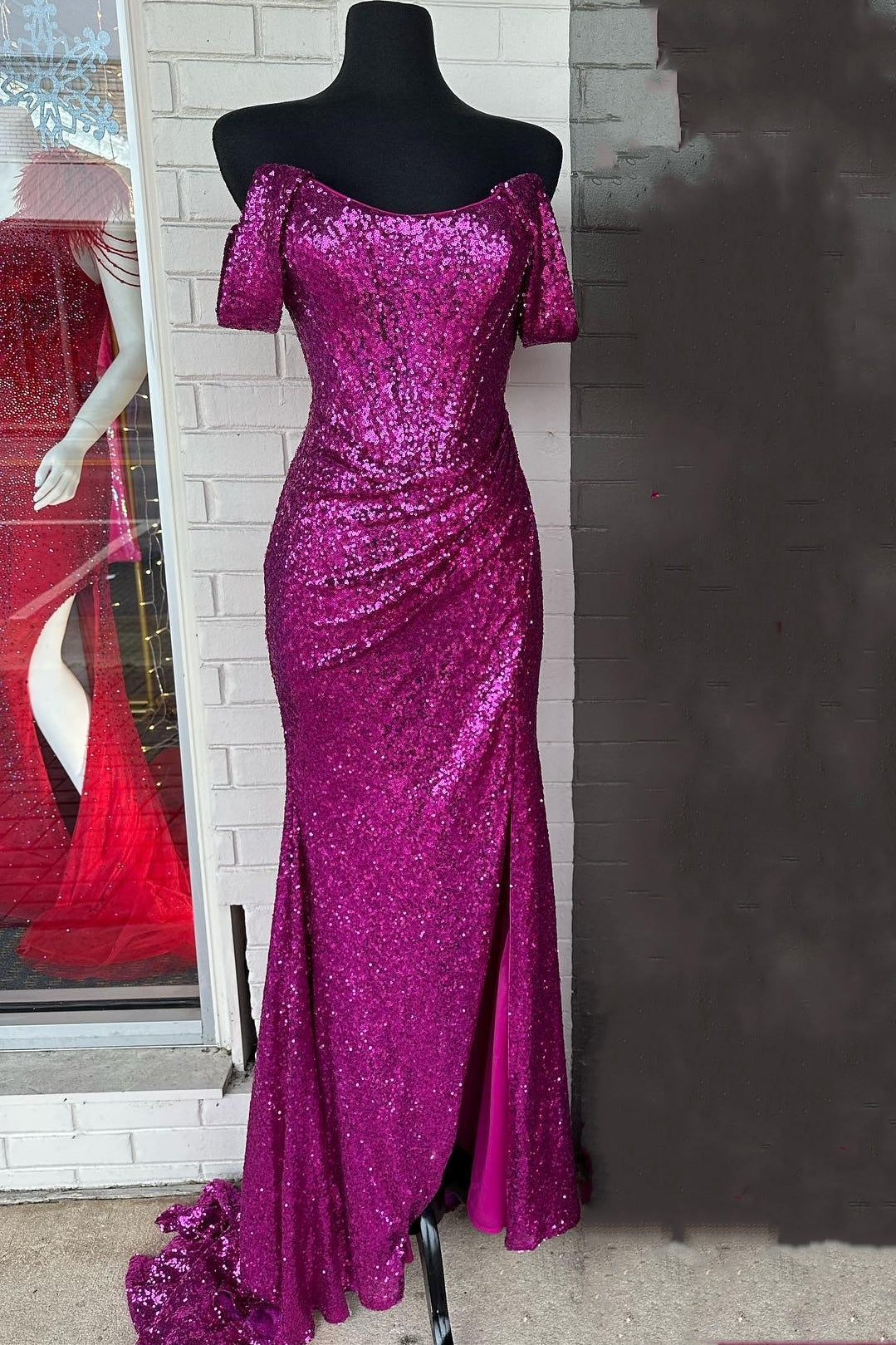 Off the Shoulder Fuchsia Sequin Mermaid Long Dress with HZ0307