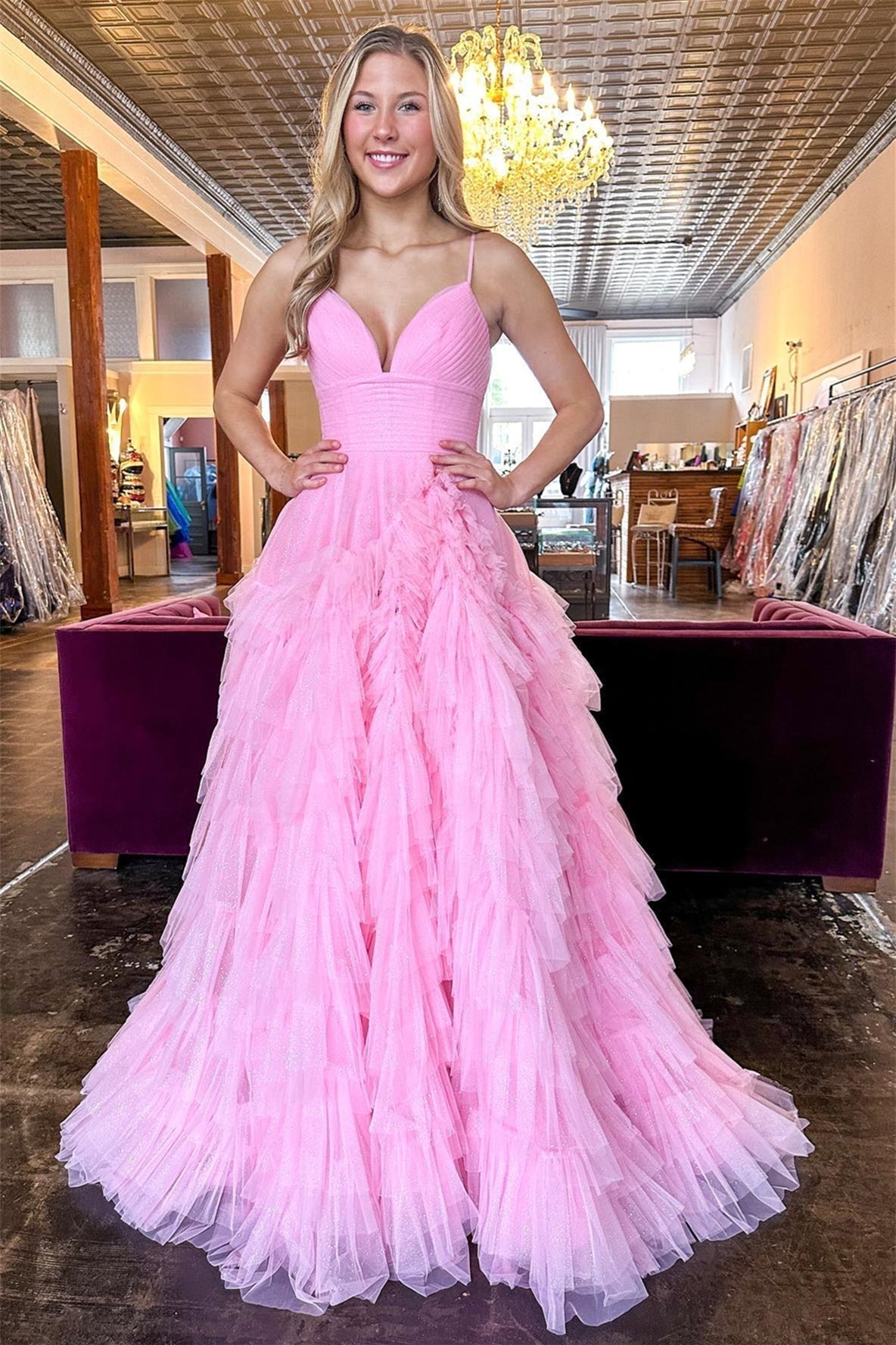 Light Blue Tiered Layers A-line Long Formal HZ0307