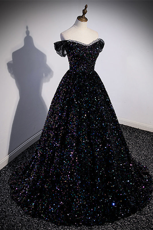 Black Sequin Off the Shoulder Long Formal HZ0307