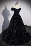 Black Sequin Off the Shoulder Long Formal HZ0307