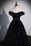 Black Sequin Off the Shoulder Long Formal HZ0307