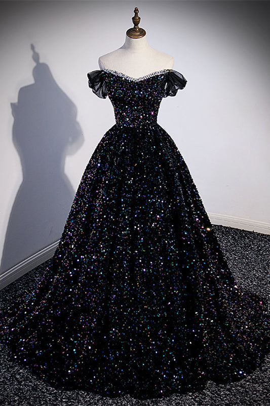 Black Sequin Off the Shoulder Long Formal HZ0307